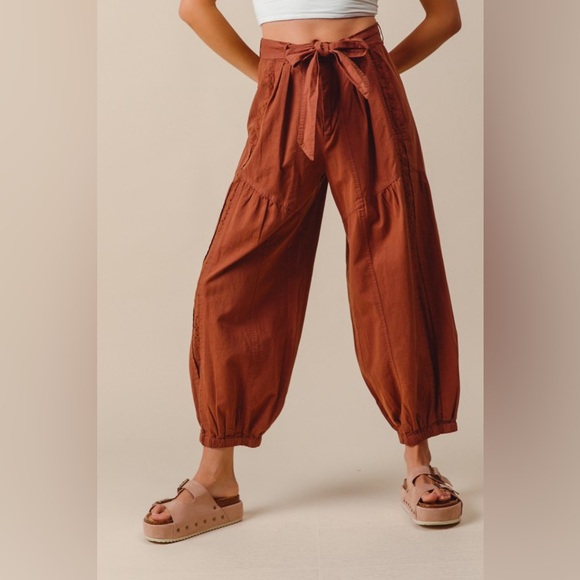 Orange Brown embroidered drawstring eyelet elastic waist barrel boho pant jeans - Picture 6 of 9